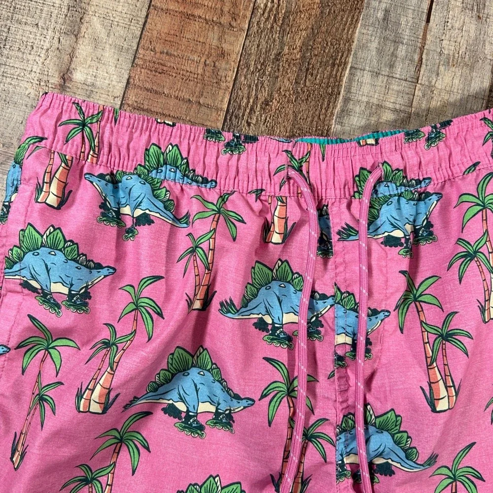 No Boundaries Pink Dinosaur Roller Skate Swim Trunks Quirky Large Shorts Funny